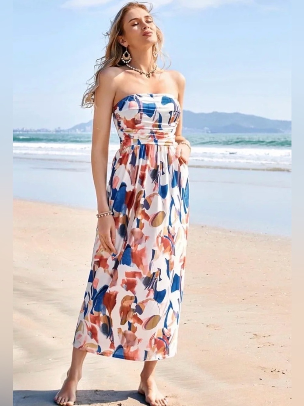 Grace Karin Strapless Midi Dress in Blue, Coral & Cream